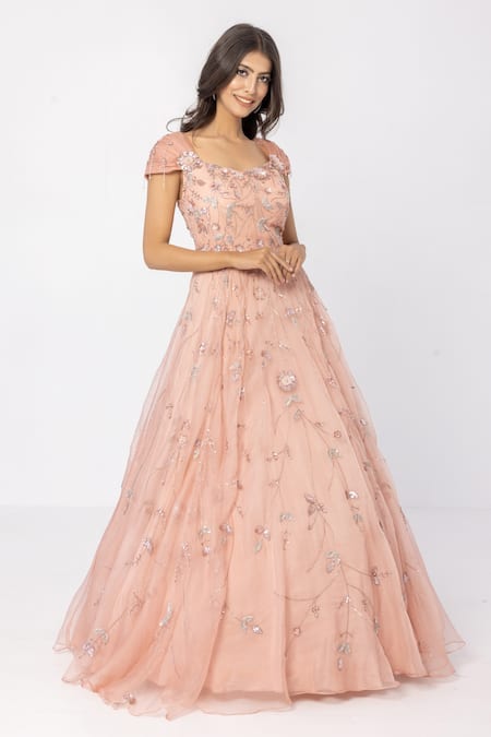 Buy Sartoriale Pink Organza, Viscose Embroidery V-neck Floral Silk Gown Online at Aza Fashions Buy_Sartoriale_Pink Organza, Viscose Embroidery V-neck Floral Silk Gown _Online_at_Aza_Fashions