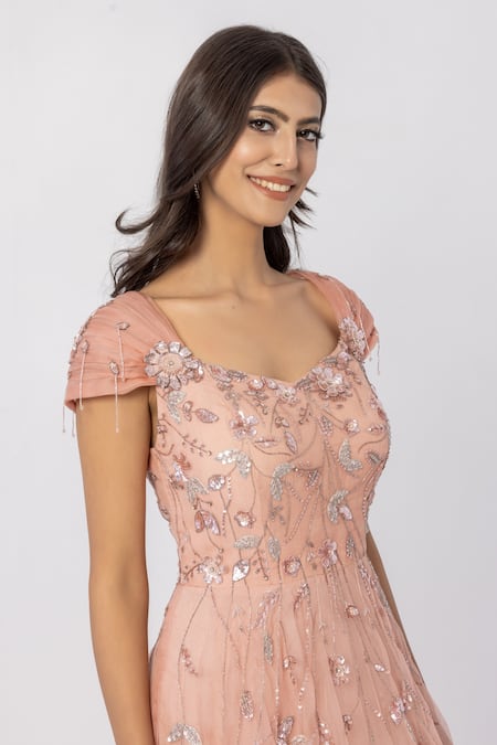 Shop Sartoriale Pink Organza, Viscose Embroidery V-neck Floral Silk Gown Online at Aza Fashions Shop_Sartoriale_Pink Organza, Viscose Embroidery V-neck Floral Silk Gown _Online_at_Aza_Fashions