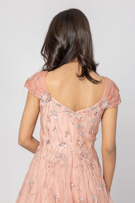 Sartoriale Pink Organza, Viscose Embroidery V-neck Floral Silk Gown at Aza Fashions Sartoriale_Pink Organza, Viscose Embroidery V-neck Floral Silk Gown _at_Aza_Fashions