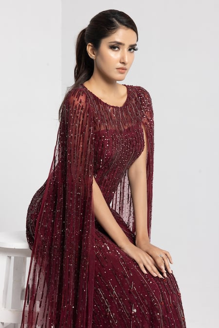 Sartoriale_Wine Net (100% Viscose) Embroidered Linear Round Cape Sleeve Gown  _Online_at_Aza_Fashions