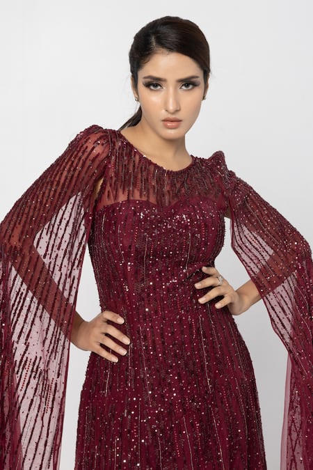 Buy_Sartoriale_Wine Net (100% Viscose) Embroidered Linear Round Cape Sleeve Gown  _Online_at_Aza_Fashions
