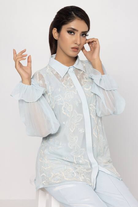 Sartoriale Blue Viscose Sequins, Embroidery Collared Hand Shirt And Pant Set Online at Aza Fashions Sartoriale_Blue Viscose Sequins, Embroidery Collared Hand Shirt And Pant Set _Online_at_Aza_Fashions