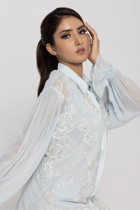 Buy Sartoriale Blue Viscose Sequins, Embroidery Collared Hand Shirt And Pant Set Online at Aza Fashions Buy_Sartoriale_Blue Viscose Sequins, Embroidery Collared Hand Shirt And Pant Set _Online_at_Aza_Fashions