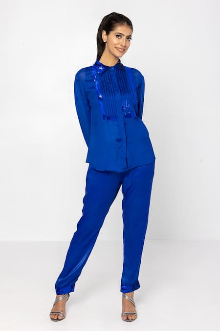 Sartoriale_Blue Viscose, Polyester Sequins Collared Embroidered Shirt And Pant Set _Online_at_Aza_Fashions