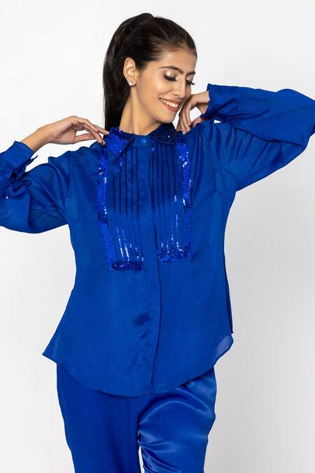 Buy_Sartoriale_Blue Viscose, Polyester Sequins Collared Embroidered Shirt And Pant Set _Online_at_Aza_Fashions
