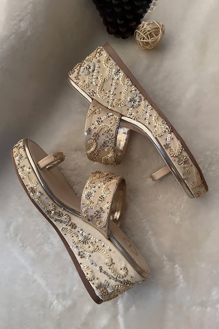 Modanta Footwear_Gold Embroidery Satin Wedges _Online_at_Aza_Fashions
