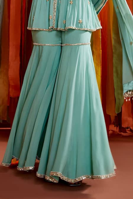 Label Sanya Gulati_Green Net, Georgette Sequins, Pearls, Hand Embroidered Peplum Top Sharara Set _Online_at_Aza_Fashions