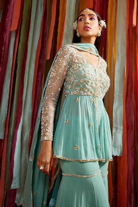 Buy_Label Sanya Gulati_Green Net, Georgette Sequins, Pearls, Hand Embroidered Peplum Top Sharara Set _Online_at_Aza_Fashions