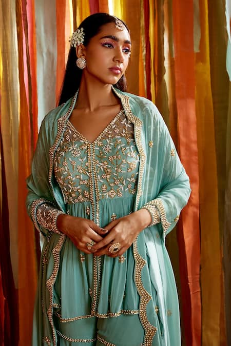 Shop_Label Sanya Gulati_Green Net, Georgette Sequins, Pearls, Hand Embroidered Peplum Top Sharara Set _Online_at_Aza_Fashions
