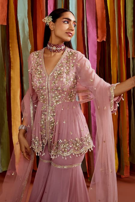 Buy Label Sanya Gulati Purple Georgette, Net, Linen Sequins, Floral Embroidered Peplum Top Sharara Set Online at Aza Fashions Buy_Label Sanya Gulati_Purple Georgette, Net, Linen Sequins, Floral Embroidered Peplum Top Sharara Set _Online_at_Aza_Fashions