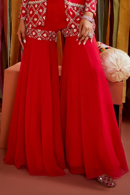 Label Sanya Gulati Pink Georgette, Linen Pearls, Floral Embroidered Short Jacket Sharara Set Online at Aza Fashions Label Sanya Gulati_Pink Georgette, Linen Pearls, Floral Embroidered Short Jacket Sharara Set _Online_at_Aza_Fashions