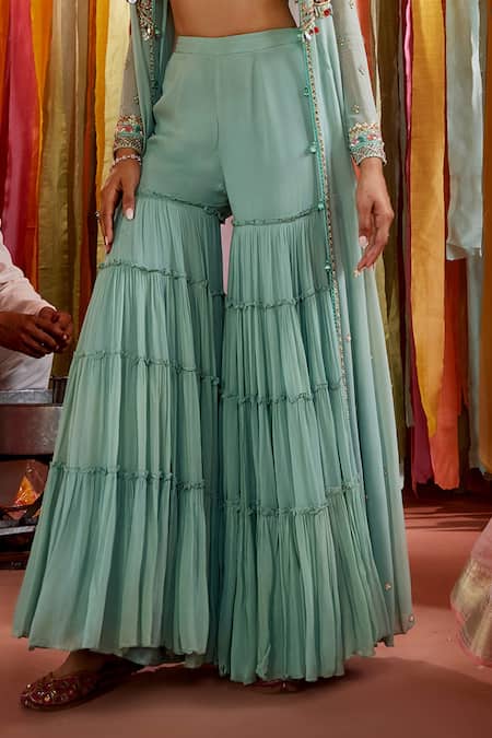 Label Sanya Gulati_Green Satin, Georgette Embroidery, Sequins, Pearls Floral Cape With Sharara Set _Online_at_Aza_Fashions