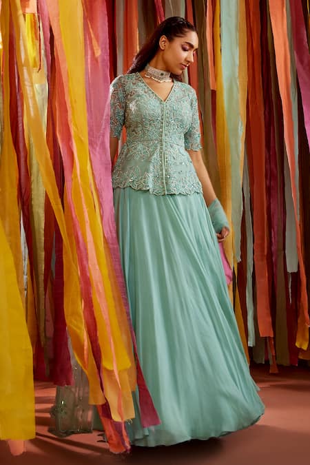 Label Sanya Gulati_Green Net, Georgette, Linen Beads V-neck Floral Embroidered Peplum Top Skirt Set _Online_at_Aza_Fashions