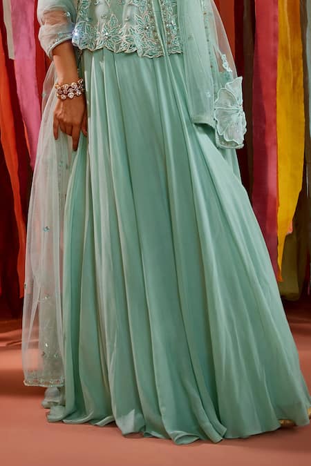 Buy_Label Sanya Gulati_Green Net, Georgette, Linen Beads V-neck Floral Embroidered Peplum Top Skirt Set _Online_at_Aza_Fashions