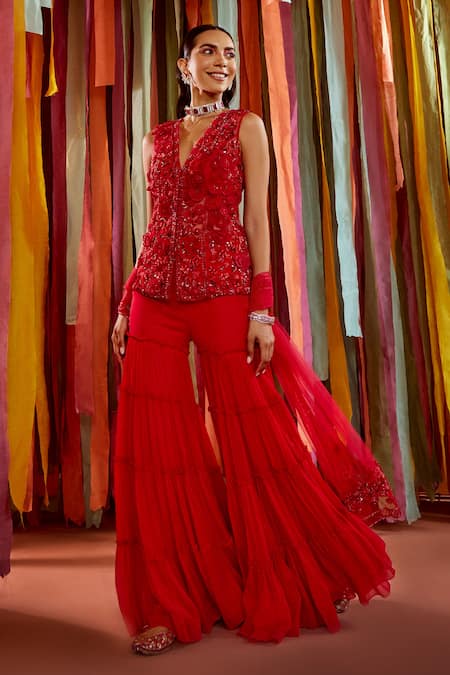 Buy_Label Sanya Gulati_Pink Net, Georgette Cut Work, Sequins, 3d Floral Kurta Tiered Sharara Set _Online_at_Aza_Fashions