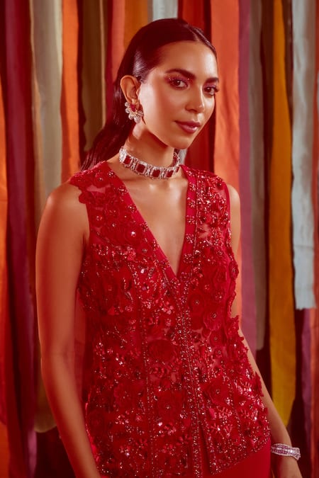 Shop_Label Sanya Gulati_Pink Net, Georgette Cut Work, Sequins, 3d Floral Kurta Tiered Sharara Set _Online_at_Aza_Fashions