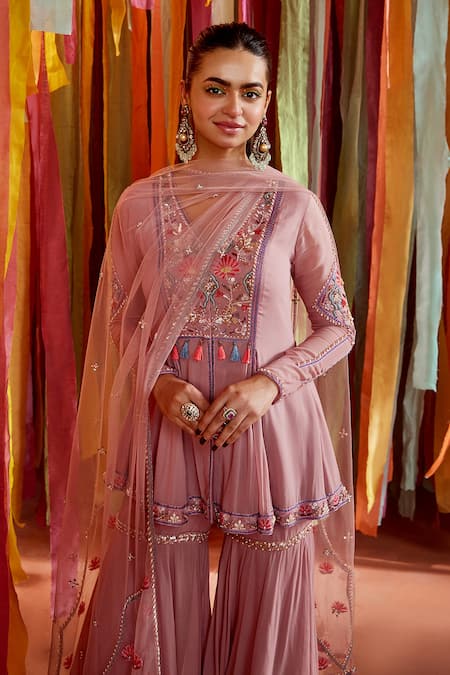 Label Sanya Gulati_Purple Georgette, Net Pearls, Sequins, Embroidery A-line Kurta Sharara Set _Online_at_Aza_Fashions