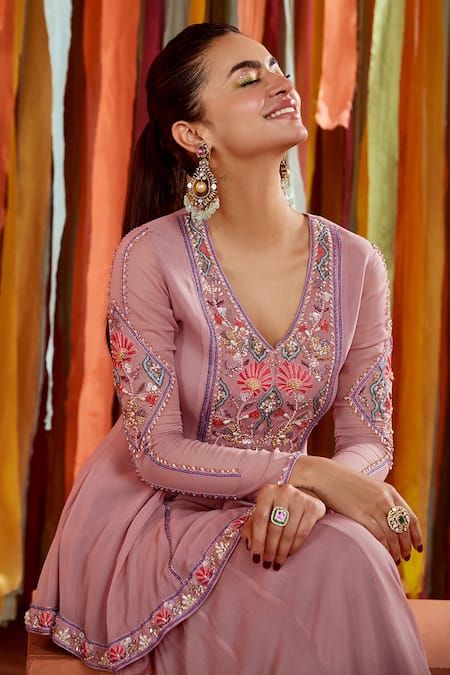 Buy_Label Sanya Gulati_Purple Georgette, Net Pearls, Sequins, Embroidery A-line Kurta Sharara Set _Online_at_Aza_Fashions