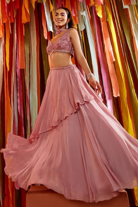 Buy Label Sanya Gulati Purple Georgette Sequins, Cut Work Embroidered Blouse Layered Lehenga Set Online at Aza Fashions Buy_Label Sanya Gulati_Purple Georgette Sequins, Cut Work Embroidered Blouse Layered Lehenga Set _Online_at_Aza_Fashions