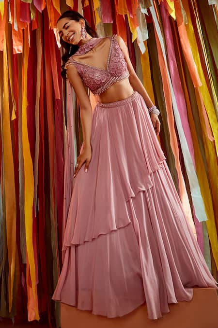 Shop Label Sanya Gulati Purple Georgette Sequins, Cut Work Embroidered Blouse Layered Lehenga Set Online at Aza Fashions Shop_Label Sanya Gulati_Purple Georgette Sequins, Cut Work Embroidered Blouse Layered Lehenga Set _Online_at_Aza_Fashions