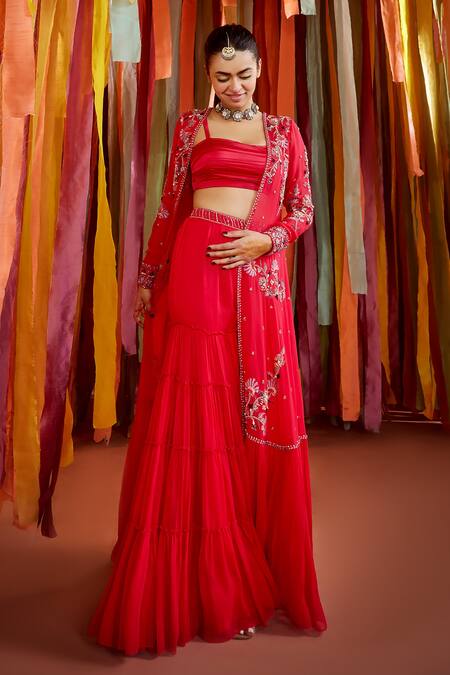 Buy_Label Sanya Gulati_Pink Satin, Georgette Pearls, Floral Embroidered Cape And Tiered Sharara Set _Online_at_Aza_Fashions