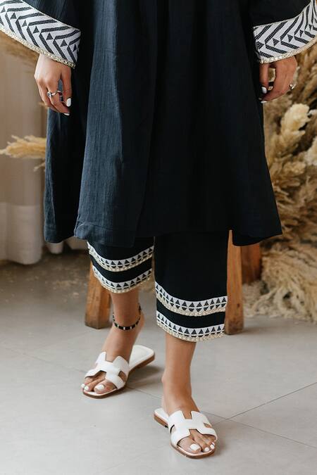 Seeaash Black Cotton Mirrors, Pearls V-neck Border Printed A-line Kurta And Pant Set Online at Aza Fashions Seeaash_Black Cotton Mirrors, Pearls V-neck Border Printed A-line Kurta And Pant Set_Online_at_Aza_Fashions