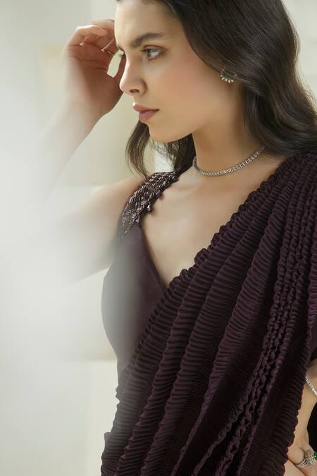 Seeaash_Purple Crushed Lycra Embroidered Pipes V Neck Pleated And Pre-draped Saree Set_Online_at_Aza_Fashions