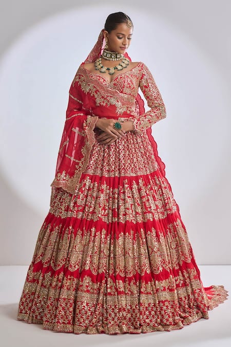 Buy_Seema Gujral_Red Georgette Gota Patti Leaf Neck Tiered Work Bridal Lehenga Set _Online_at_Aza_Fashions