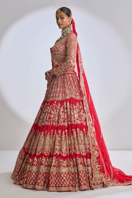 Shop_Seema Gujral_Red Georgette Gota Patti Leaf Neck Tiered Work Bridal Lehenga Set _Online_at_Aza_Fashions
