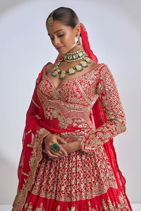 Seema Gujral_Red Georgette Gota Patti Leaf Neck Tiered Work Bridal Lehenga Set _at_Aza_Fashions