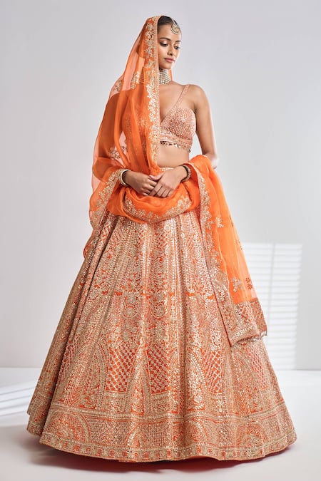 Buy Seema Gujral Orange Raw Silk Gota Patti Sweetheart Neck Work Bridal Lehenga Set Online at Aza Fashions Buy_Seema Gujral_Orange Raw Silk Gota Patti Sweetheart Neck Work Bridal Lehenga Set _Online_at_Aza_Fashions