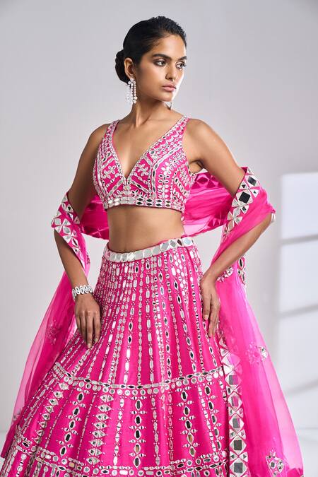 Buy_Seema Gujral_Fuchsia Raw Silk Mirror Plunge V Neck Work Lehenga Set _Online_at_Aza_Fashions