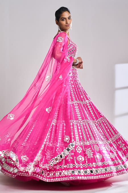 Shop_Seema Gujral_Fuchsia Raw Silk Mirror Plunge V Neck Work Lehenga Set _Online_at_Aza_Fashions