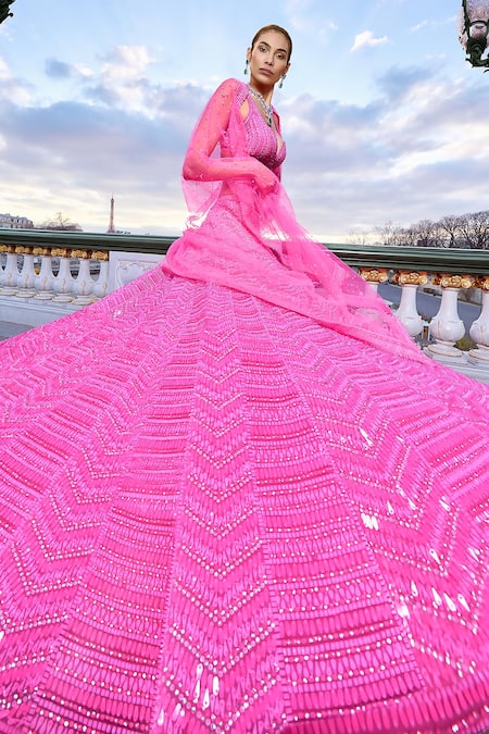 Seema Gujral_Pink Net Sequins Sweetheart Neck Neon Chevron Pattern Bridal Lehenga Set _at_Aza_Fashions