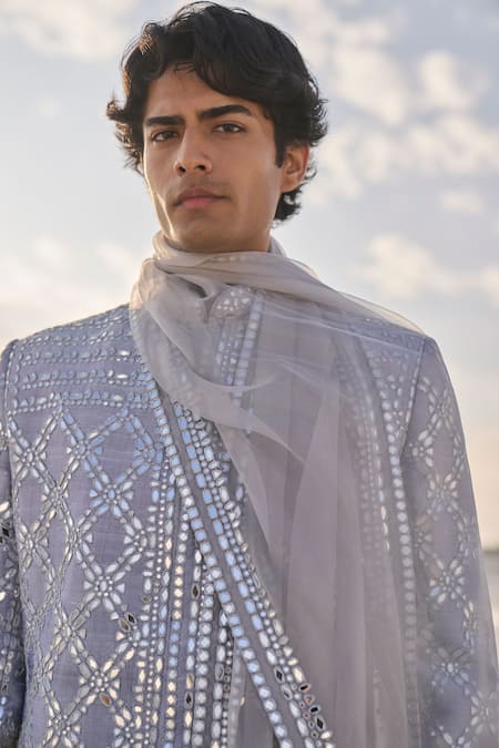 Seema Gujral_Grey Silk, Cotton Mirrors, Embroidery Embellished Sherwani Set _Online_at_Aza_Fashions