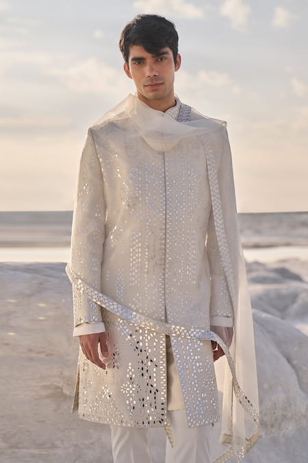 Buy_Seema Gujral_Off White Silk, Polyester Mirrors Embroidered Sherwani Set _Online_at_Aza_Fashions
