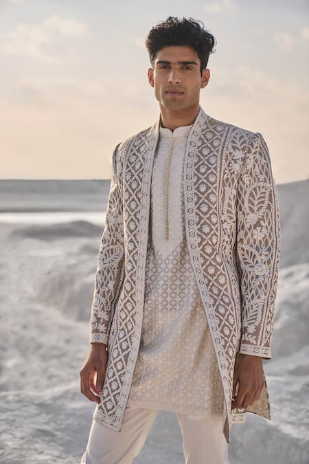 Buy Seema Gujral Beige Silk, Cotton Embroidery Raw Floral Open Sherwani Set Online at Aza Fashions Buy_Seema Gujral_Beige Silk, Cotton Embroidery Raw Floral Open Sherwani Set _Online_at_Aza_Fashions