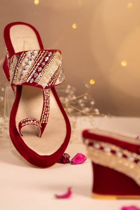Shop House Of Vian Red Beads, Stones, Mirrors Sehar Embrodiered Wedges Online at Aza Fashions Shop_House Of Vian_Red Beads, Stones, Mirrors Sehar Embrodiered Wedges _Online_at_Aza_Fashions