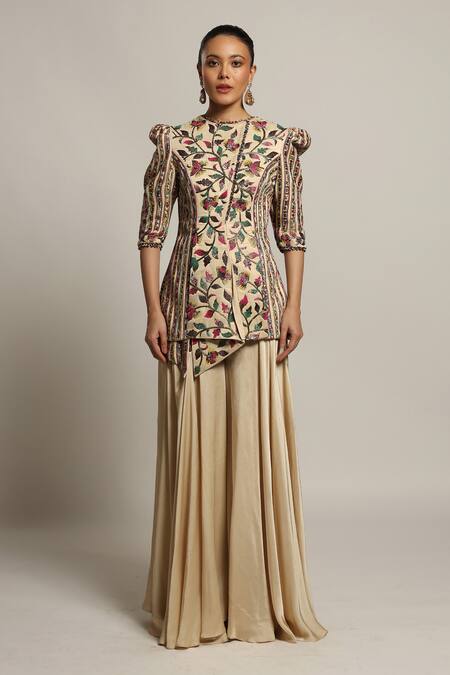 Sejal Kamdar_Beige Gajji Silk Embellished Cut Pipe Round Draped Jacket And Flared Pant Set _Online_at_Aza_Fashions