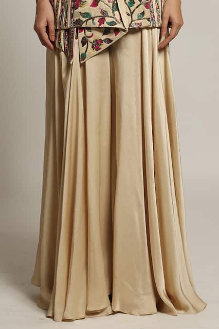 Buy_Sejal Kamdar_Beige Gajji Silk Embellished Cut Pipe Round Draped Jacket And Flared Pant Set _Online_at_Aza_Fashions