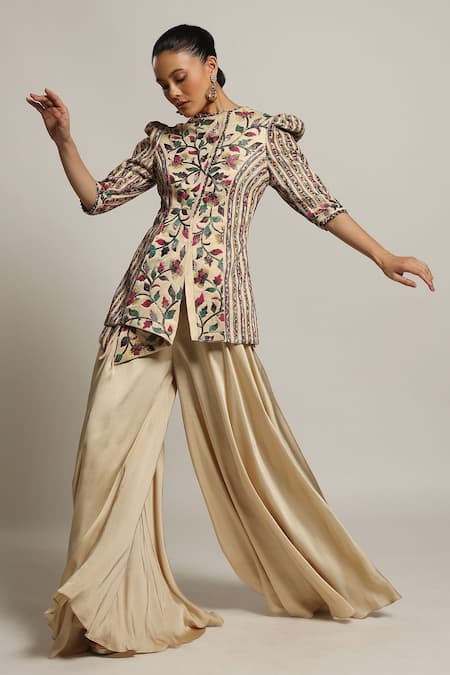 Shop_Sejal Kamdar_Beige Gajji Silk Embellished Cut Pipe Round Draped Jacket And Flared Pant Set _Online_at_Aza_Fashions