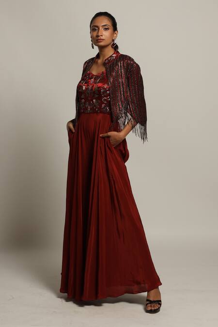 Sejal Kamdar_Maroon Gajji Silk And German Satin Cutdana Jumpsuit With Cropped Jacket _Online_at_Aza_Fashions