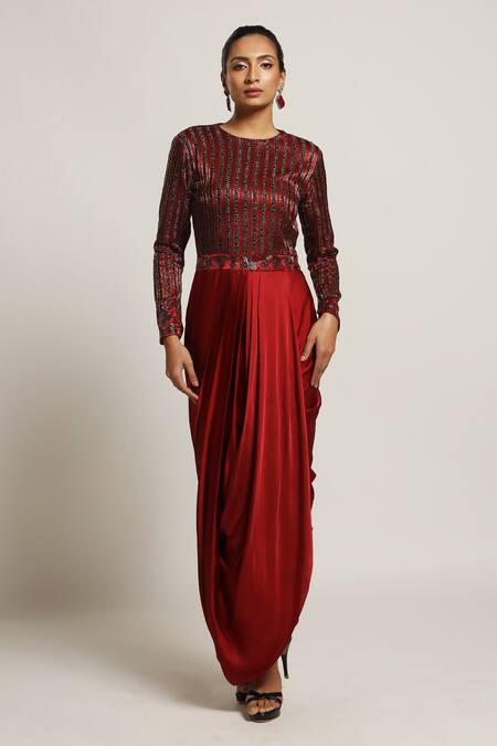 Sejal Kamdar Maroon Gajji Silk And German Satin Embroidery Stripe Pattern Draped Tunic Online at Aza Fashions Sejal Kamdar_Maroon Gajji Silk And German Satin Embroidery Stripe Pattern Draped Tunic _Online_at_Aza_Fashions