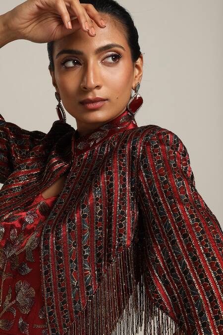 Sejal Kamdar_Maroon Gajji Silk And German Satin Cutdana Jumpsuit With Cropped Jacket _at_Aza_Fashions