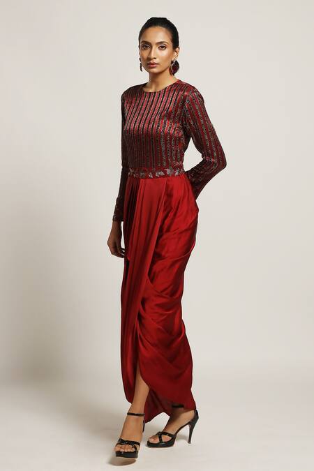 Buy Sejal Kamdar Maroon Gajji Silk And German Satin Embroidery Stripe Pattern Draped Tunic Online at Aza Fashions Buy_Sejal Kamdar_Maroon Gajji Silk And German Satin Embroidery Stripe Pattern Draped Tunic _Online_at_Aza_Fashions