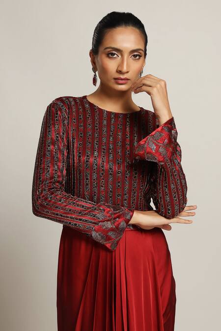Shop Sejal Kamdar Maroon Gajji Silk And German Satin Embroidery Stripe Pattern Draped Tunic Online at Aza Fashions Shop_Sejal Kamdar_Maroon Gajji Silk And German Satin Embroidery Stripe Pattern Draped Tunic _Online_at_Aza_Fashions