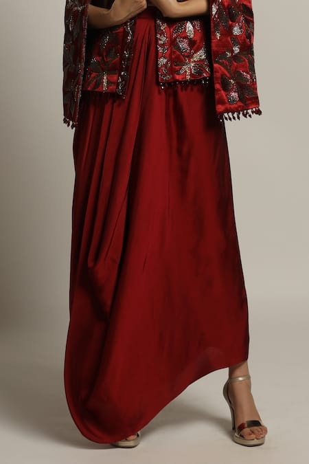 Sejal Kamdar_Maroon Gajji Silk And German Satin Embroidery Stripwork & Jacket & Dhoti Skirt Set _Online_at_Aza_Fashions