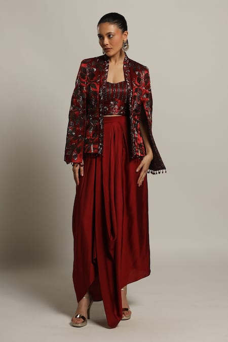 Buy_Sejal Kamdar_Maroon Gajji Silk And German Satin Embroidery Stripwork & Jacket & Dhoti Skirt Set _Online_at_Aza_Fashions