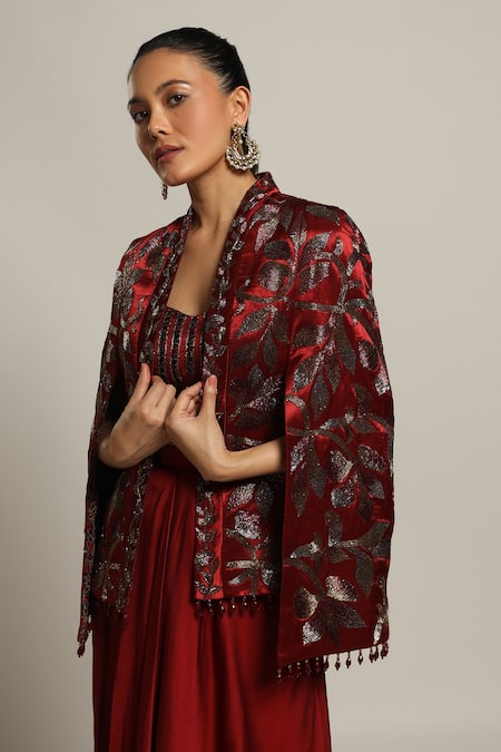 Shop_Sejal Kamdar_Maroon Gajji Silk And German Satin Embroidery Stripwork & Jacket & Dhoti Skirt Set _Online_at_Aza_Fashions