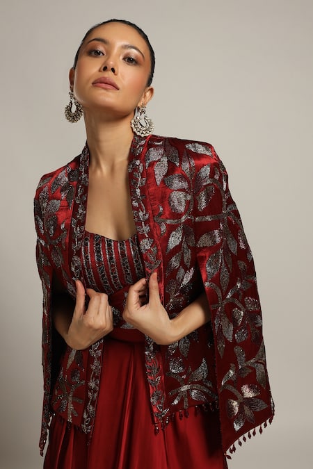 Sejal Kamdar_Maroon Gajji Silk And German Satin Embroidery Stripwork & Jacket & Dhoti Skirt Set _at_Aza_Fashions